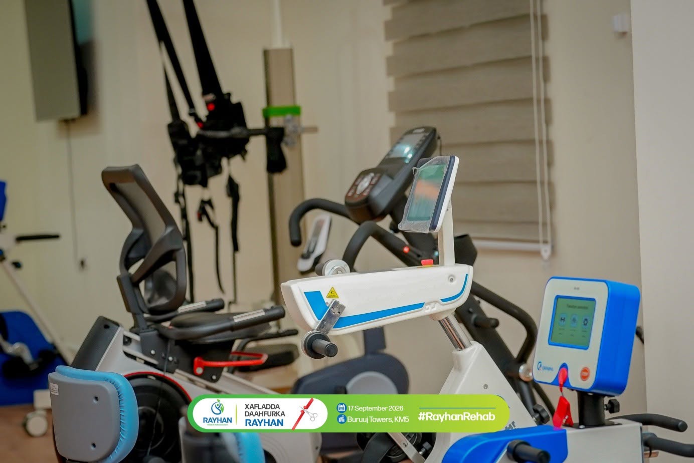 Exercise equipment prepared for rehabilitation sessions