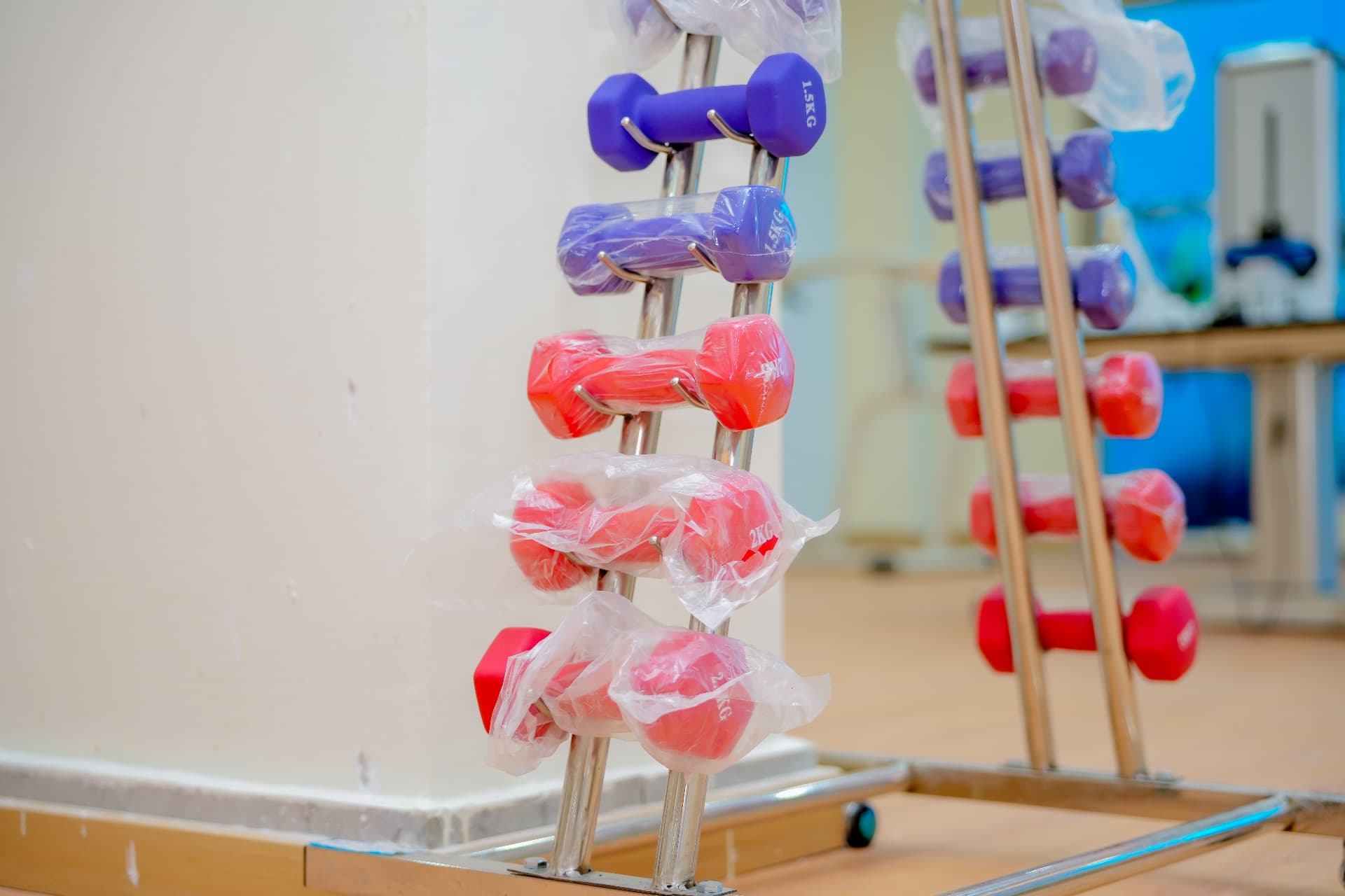 Light free weights used for progressive rehabilitation at Rayhan Centre